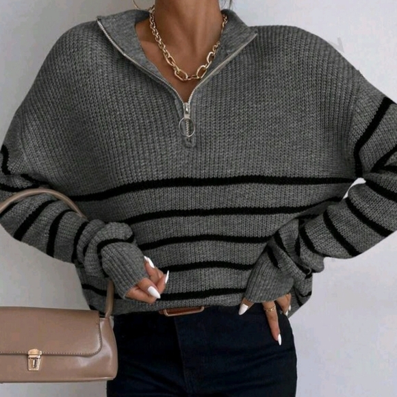 SHEIN Sweaters - Shein Sweater Quarter Zip-Up Grey and Black Large Cropped
